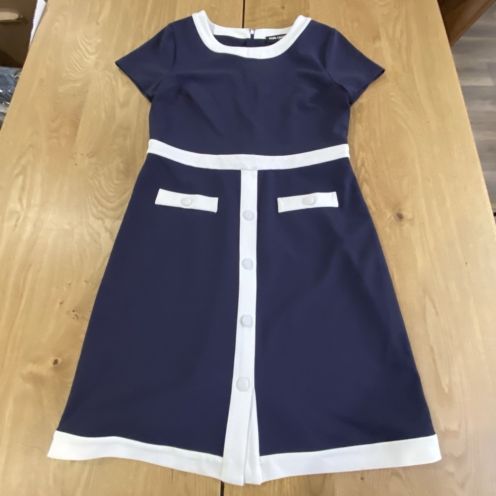 Karl Lagerfeld Paris Navy Blue White shift Dress Sz 8 50's Style Audrey Hepburn - Picture 13 of 13